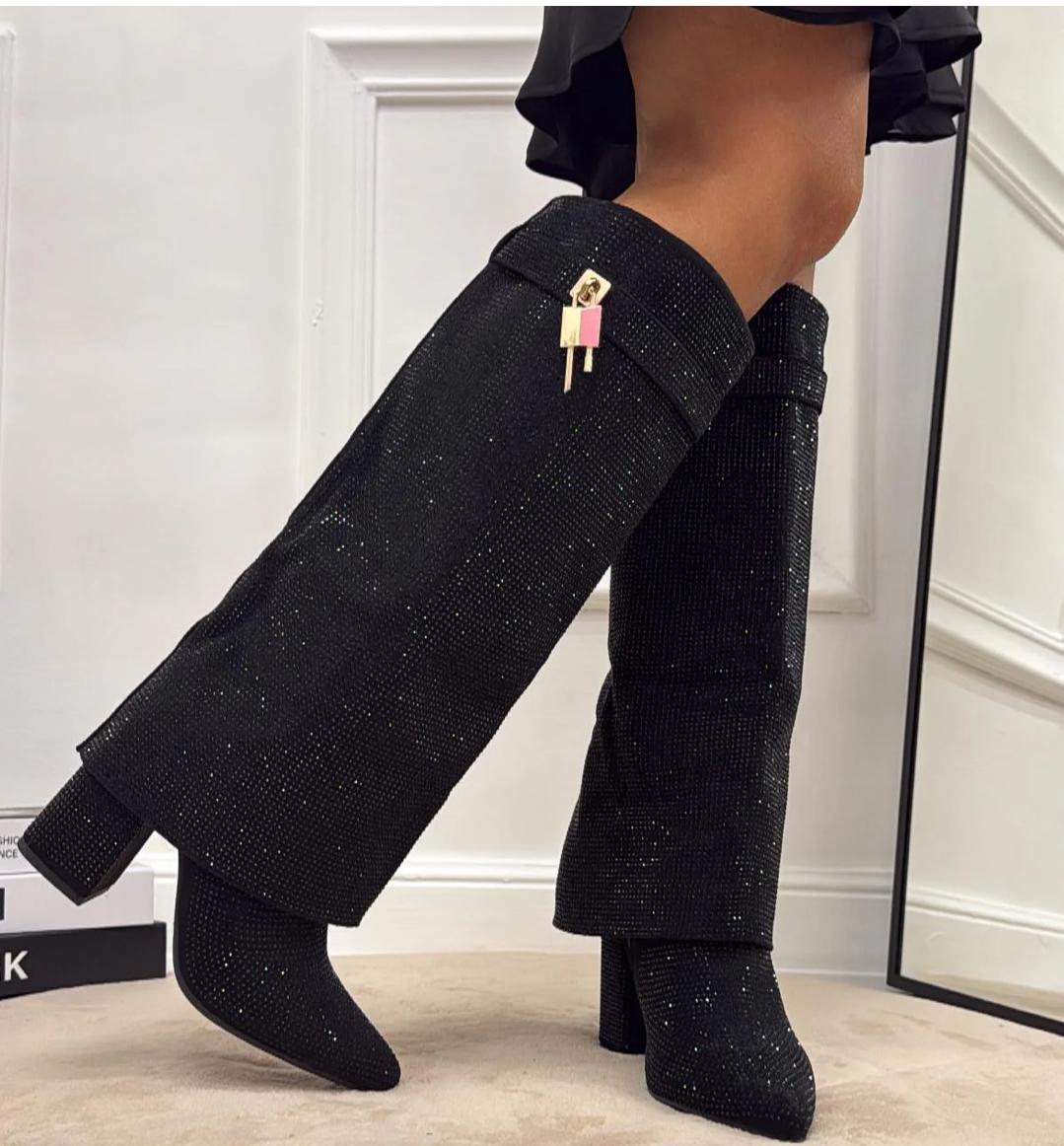 STIVALI RISVOLTO STRASS E LUCCHETTO