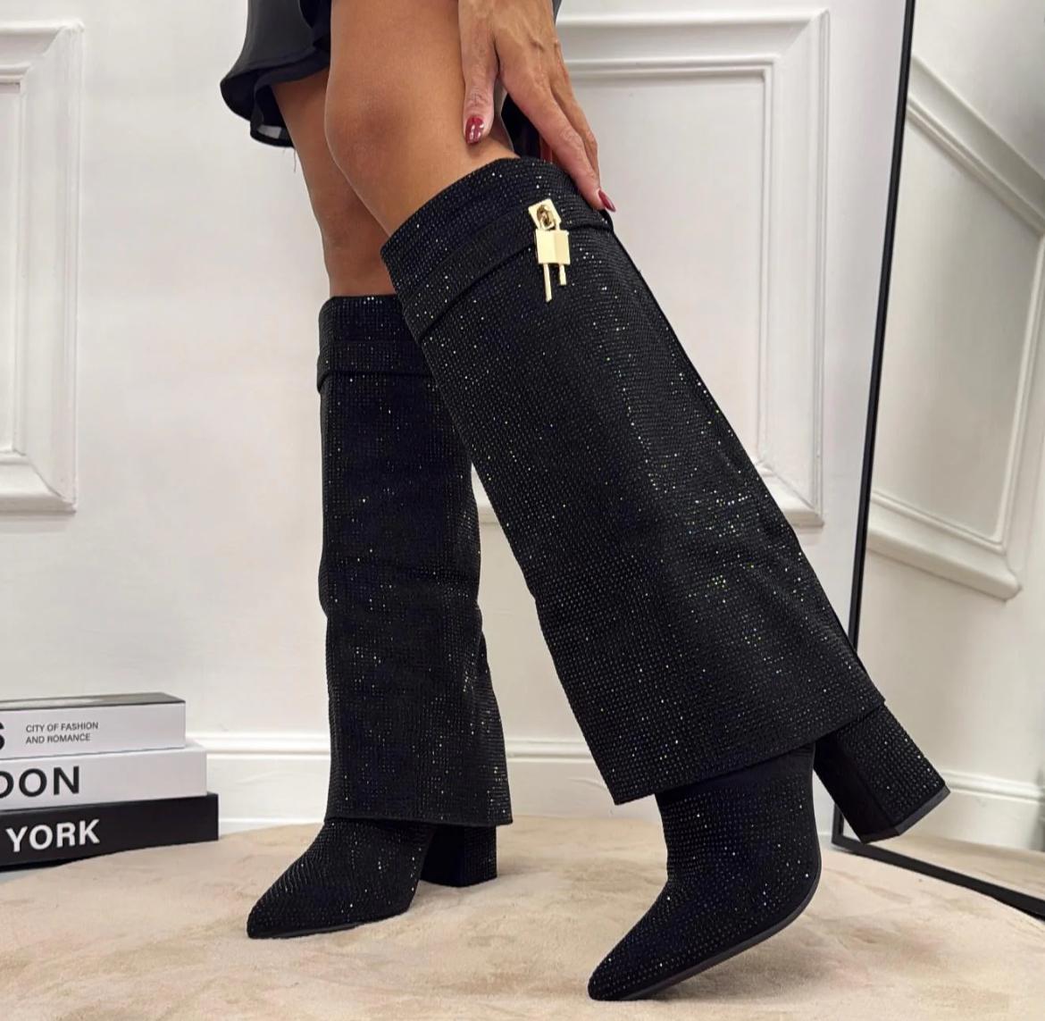 STIVALI RISVOLTO STRASS E LUCCHETTO