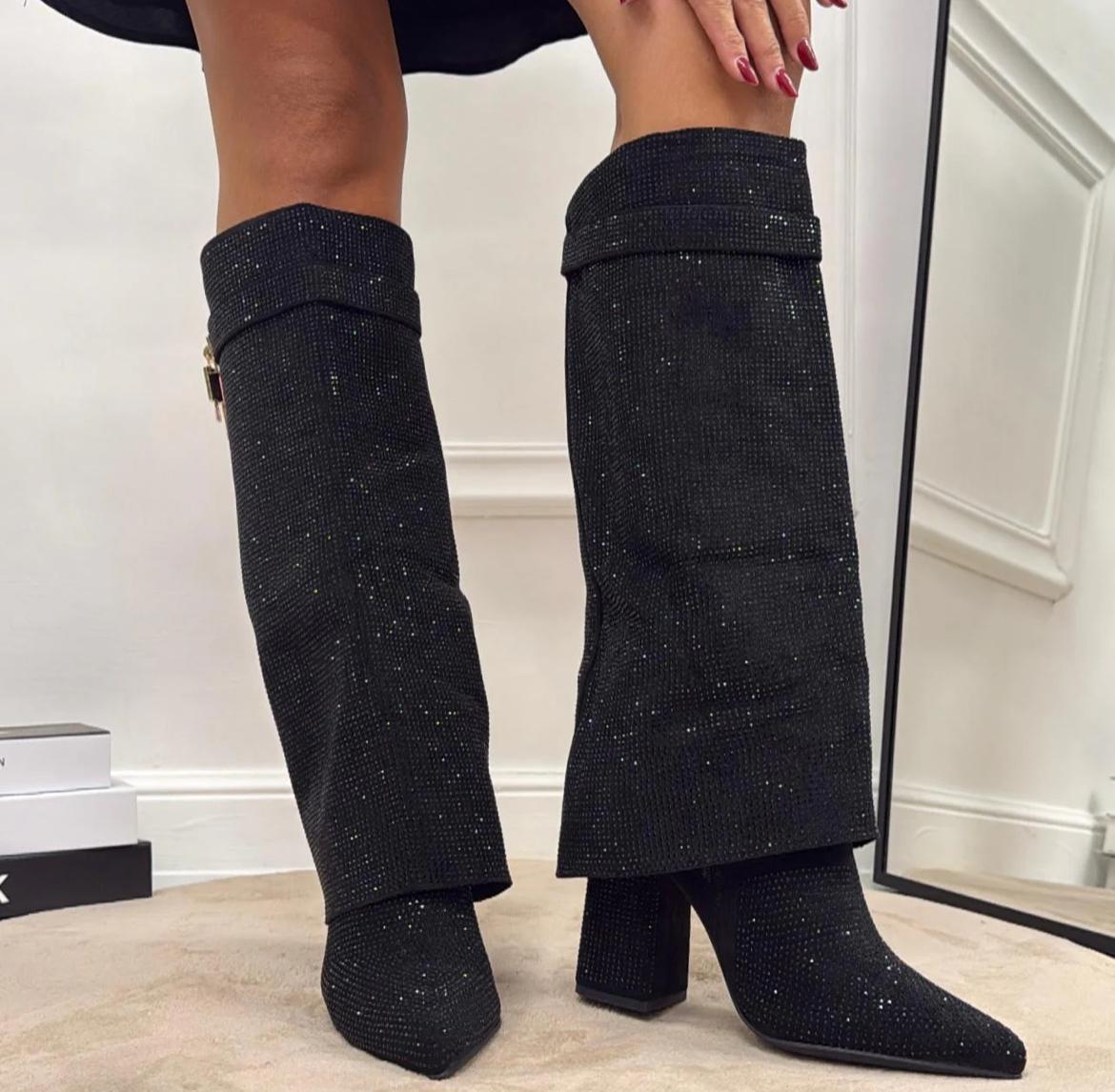 STIVALI RISVOLTO STRASS E LUCCHETTO